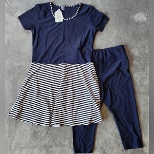 Ella Mae Modest Stripped Blue Two Piece Dress Top & Capri Bottom Swimwear